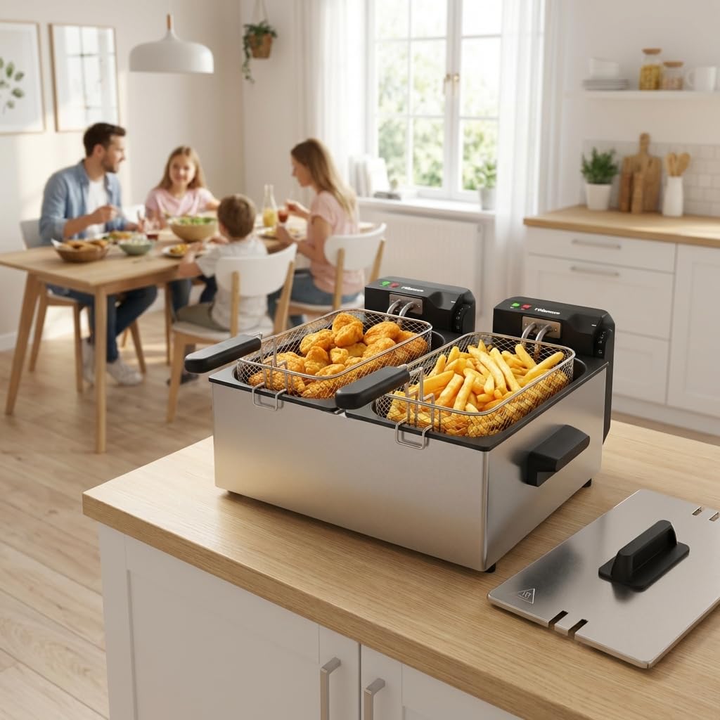 Tristar Freidora Doble de Acero Inoxidable, Capacidad de 2 x 3 L, Función de Doble Termostato, Cubetas Separadas, Para Patatas y Aperitivos, FR-9332