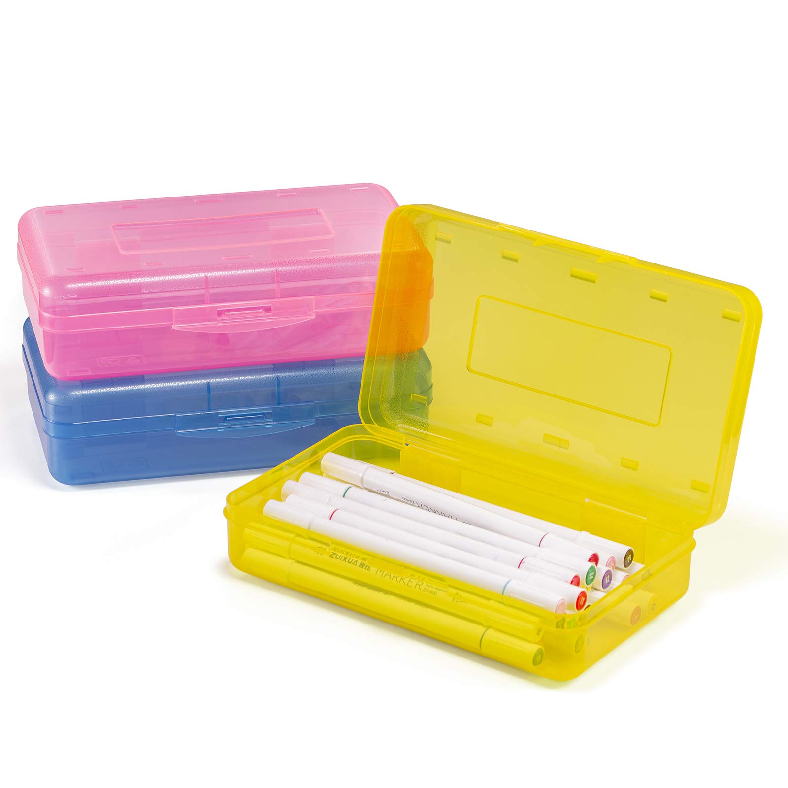 Sooez 3 Pack Pencil Box, Large Capacity Plastic Pencil Case Boxes, Hard