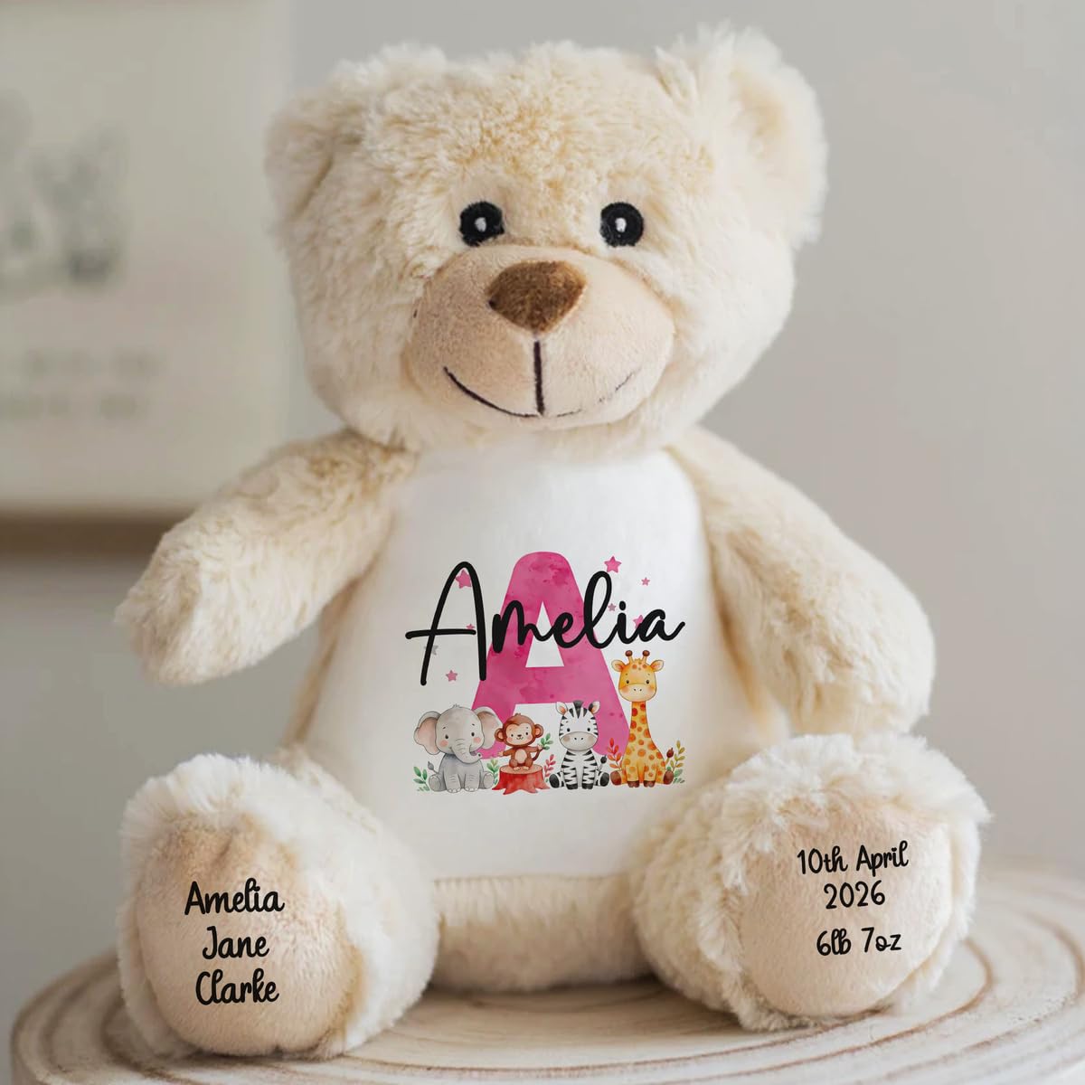 Personalised New Baby Girl Classic Teddy Bear with Pink Name & Initial, Safari Animal Design with Elephant, Monkey - Image 3