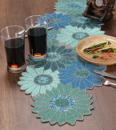 Handmade Farmhouse Floral Embroidery Beaded Table Runner For Tableptop In Teal/Turquoise/Aqua Colour - Home Decor Mat For Wedding Party Baby Shower Family Gathering - Pack Of 1 Measure 13 X 36 Inches #TOP5