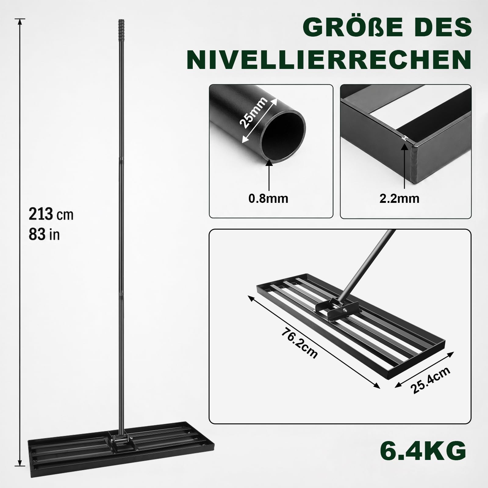 Rasen Nivellierrechen 76,2 × 25,4 cm mit 213 cm Edelstahlstiel, Rasenrechen aus verstärktem Stahl, Schwenkbarer Kopf, Rechen zum Einebnen von Erde, Rasen Nivelliergerät für Garten und Landschaftsbau