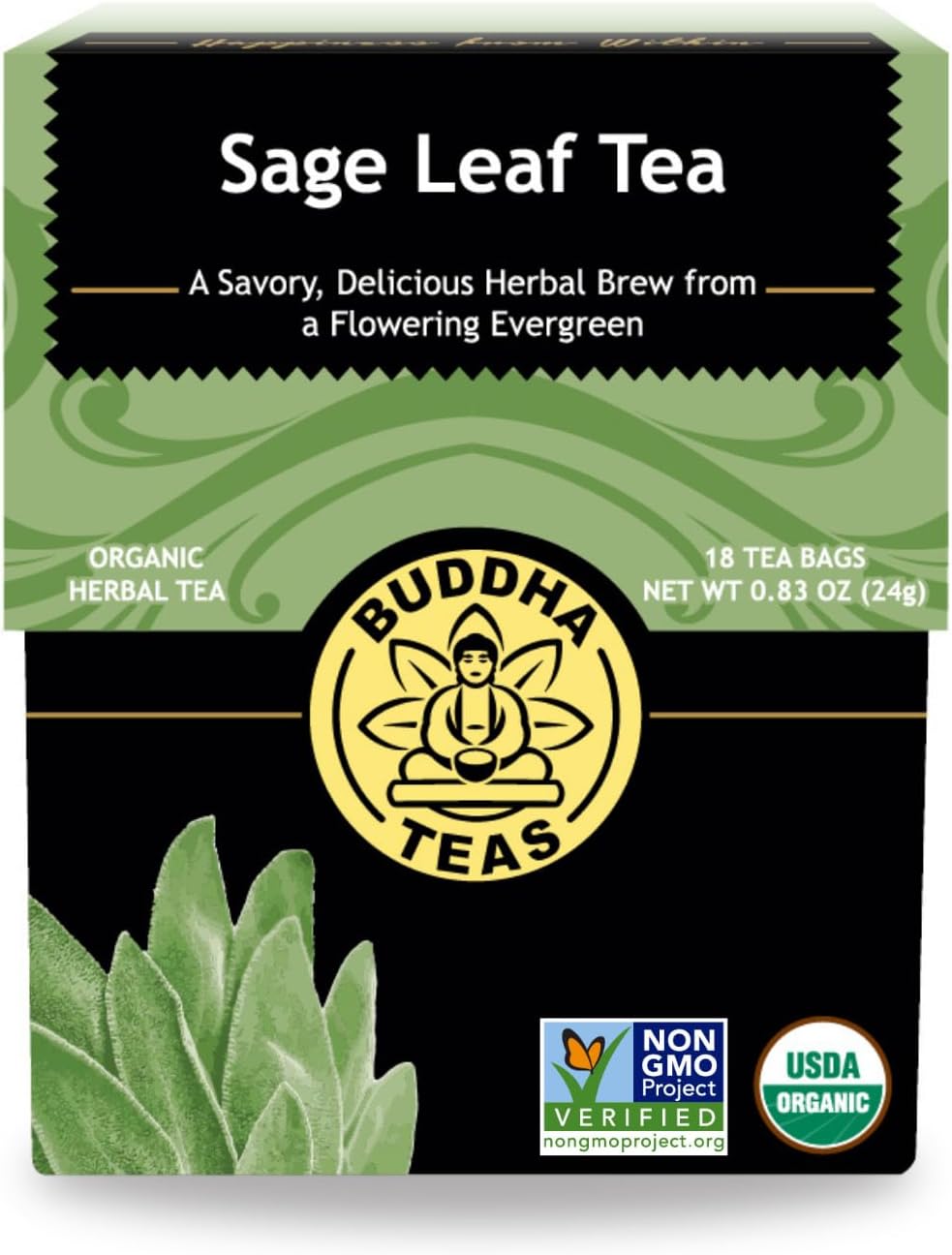 Buddha Teas - Organic Sage Leaf Tea - Herbal Tea - With Vitamins & Minerals - Clean Ingredients - Caffeine Free - OU Kosher - 18 Bleach-Free Tea Bags (Pack of 1)