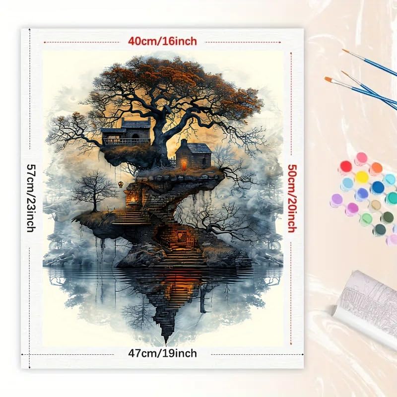 Condition photo showing New/Like New for TAOPAOLAB Art Paint by Numbers Kit for Adults - DIY Enchanted Treehouse and Reflection Painting on Canvas 16x20 Inches, Acrylic Paint Set, Suitable for Beginners, Art for Home Decoration or Gifts