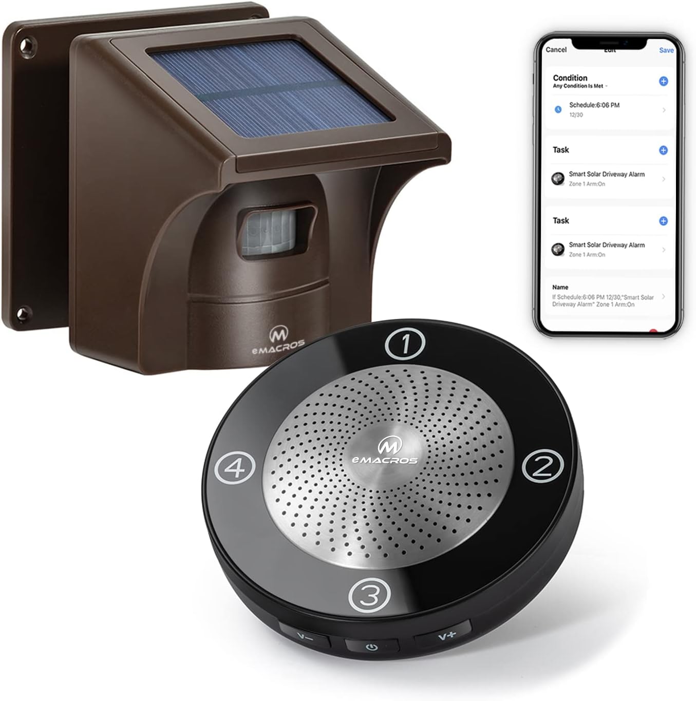 eMACROS HS002 Pro 2 Smart Wireless Driveway Alarm with Phone App,1/2 Mile Solar-Powered Motion Sensor, App for Remote Arm/Disarm & Schedule Alerts & 27 Optional Chimes,1 Receiver and 1 Sensor