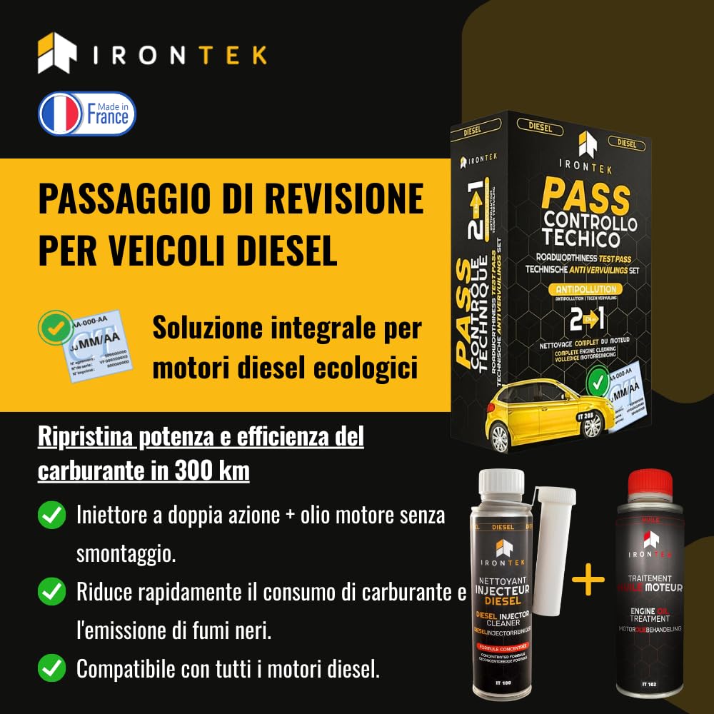 Kit Additivo Diesel Pass Controllo Tecnico - IRONTEK - 2x300ml | IT205 | Pulitore Iniettori | Trattamento Olio Motore | Riduce Emissioni | Azione in 300 km