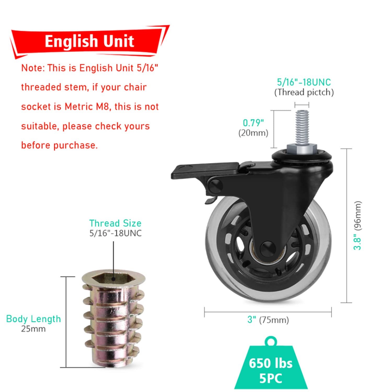 Hirate 3 inch Caster with 5/16"-18UNC Threaded Stem(2 Casters with Brake Lock, 3 Without), Lockable Bearing Swivel Stem Casters with Screw Inserts Safe for All Type Floor