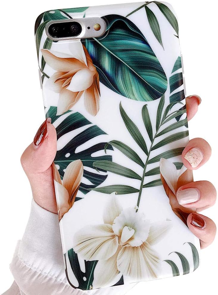for iPhone 8 Plus Case, 7 Plus Case for Girls, Green Leaves with White&Brown Flower Pattern Design,Slim Fit Clear Soft TPU Full-Body Protective Cover for iPhone 7Plus 8Plus(Leaves&Flowers)