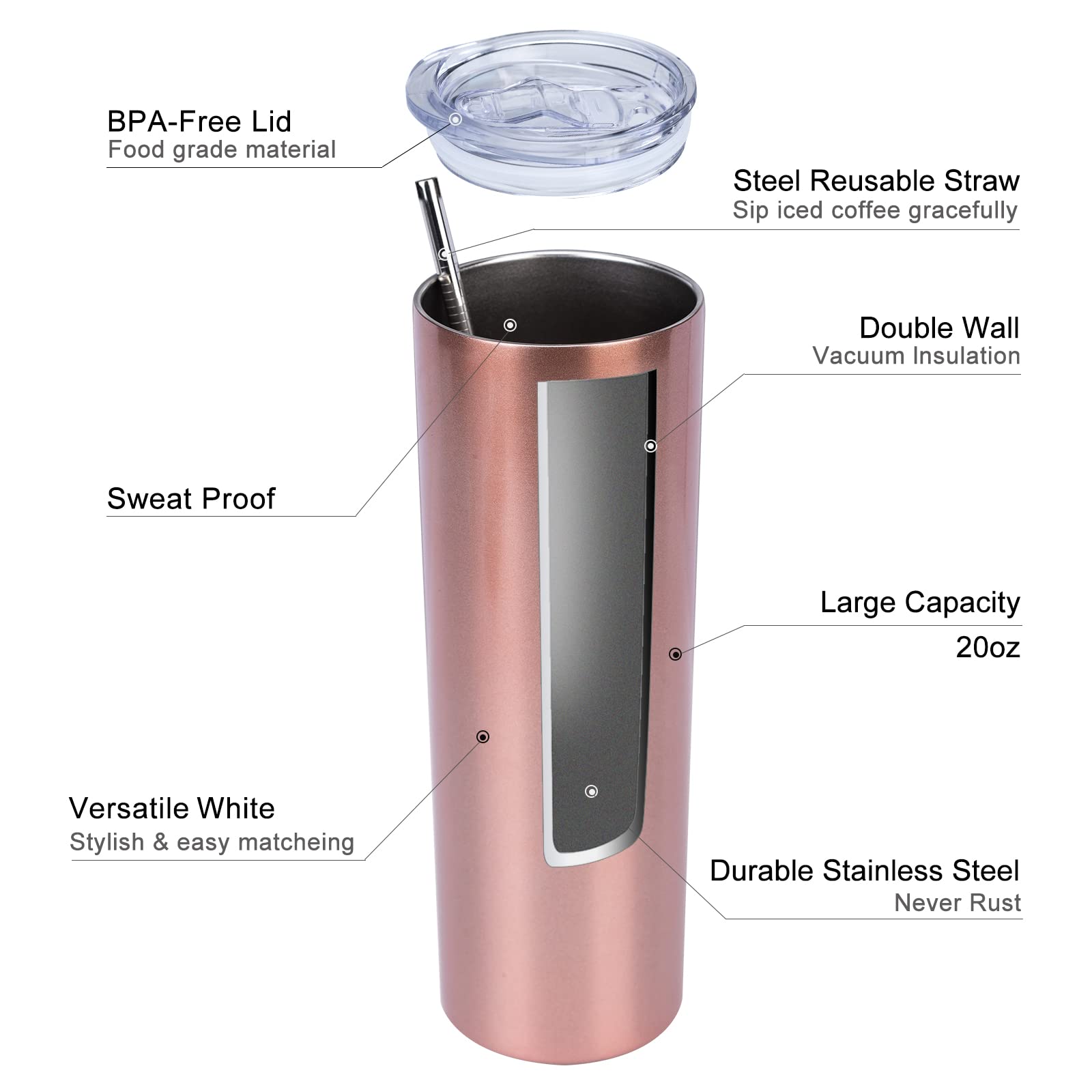 Skinny Reisebecher, 590 ml, 4 Stück, Edelstahl, schmale Trinkgläser mit Deckel, Strohhalm, doppelwandig, isoliert, schmal, für Kaffee, Wasser, Tee, Roségold