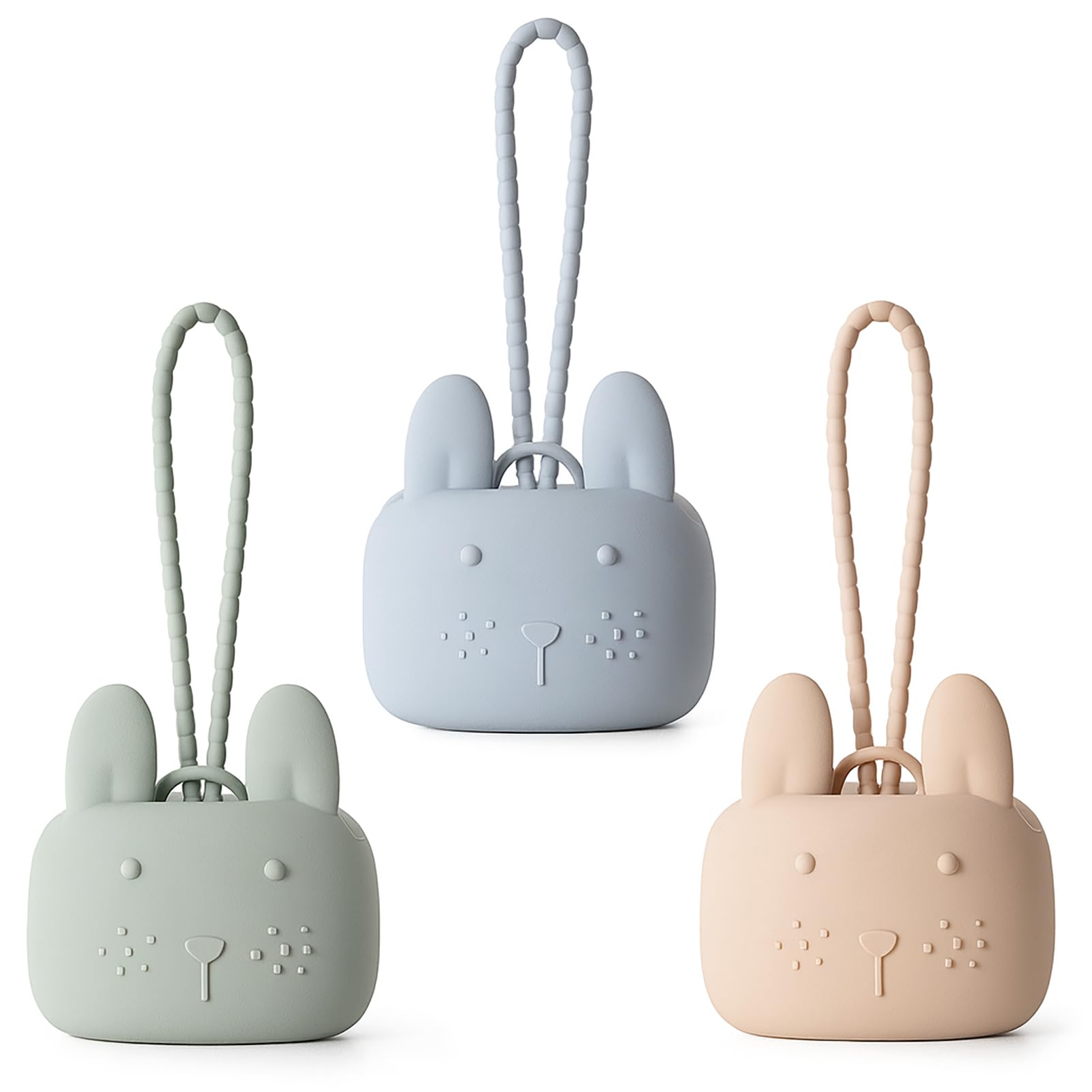 Pacifier Holder Case Silicone Bunny Design Pacifiers Pouch with Soft Silicone Strap, Travel Storage for Stroller & Diaper Bag, Pacifier Holder Pouch for Baby, Set of 3 ROCCED-Beige Dusty Green Blue-image-19