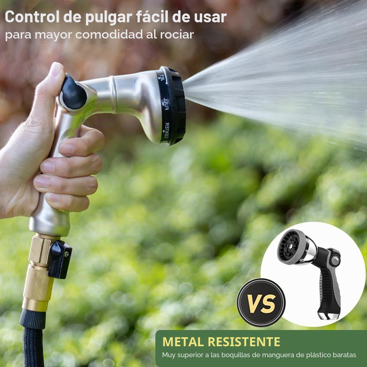 FANHAO Profesional Pistola de Riego, Pistola de Agua para Jardín, 8 Modos Ajustables, Pistola de Manguera con Interruptor de Pulgar para Riego de Césped, Lavado de coches y mascotas