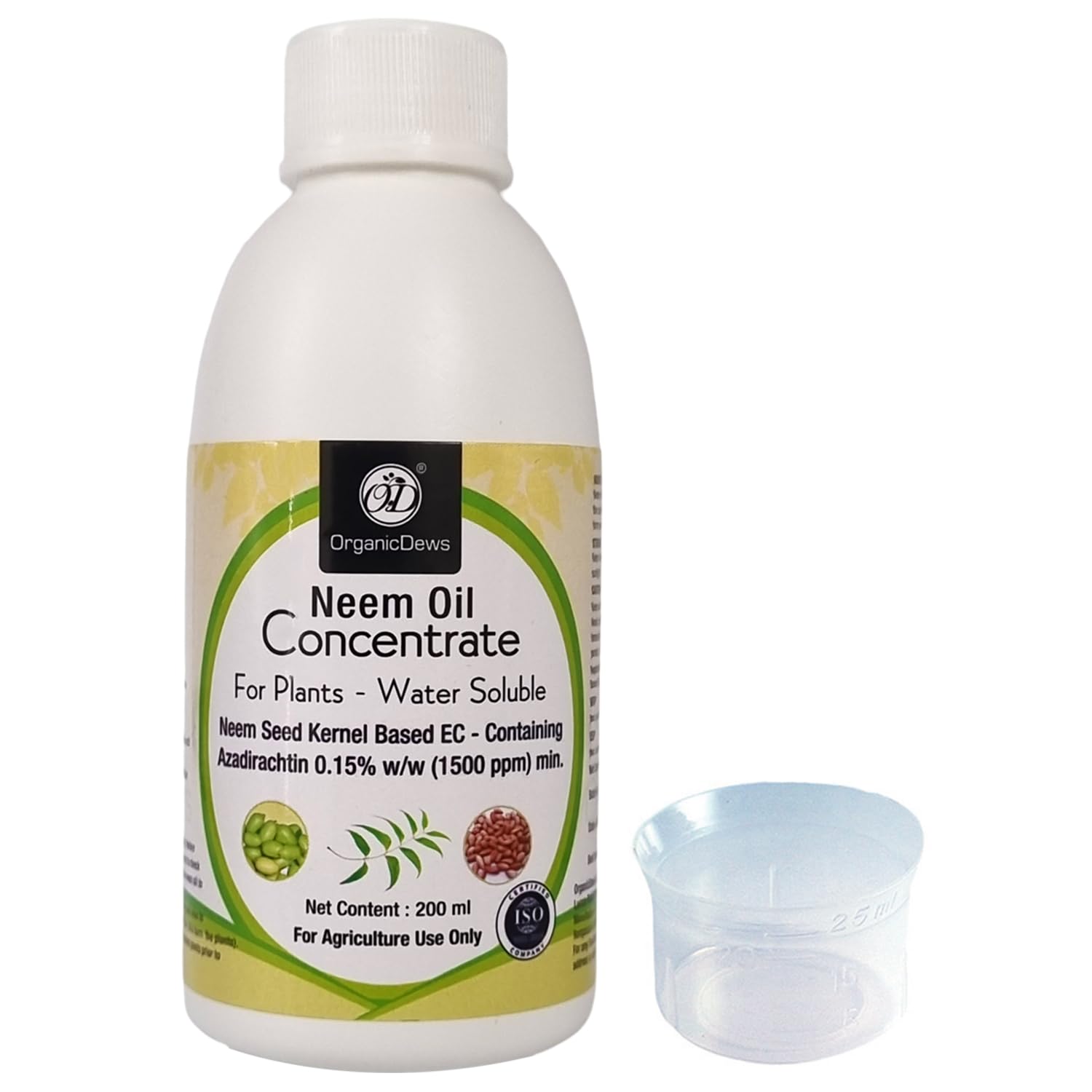 OrganicDews Neem Oil 1500 PPM (Water Soluble) Concentrate for Plants 200 ml with Measuring Cup 25 ml - Controls Garden Insects and Fungus in Plant
