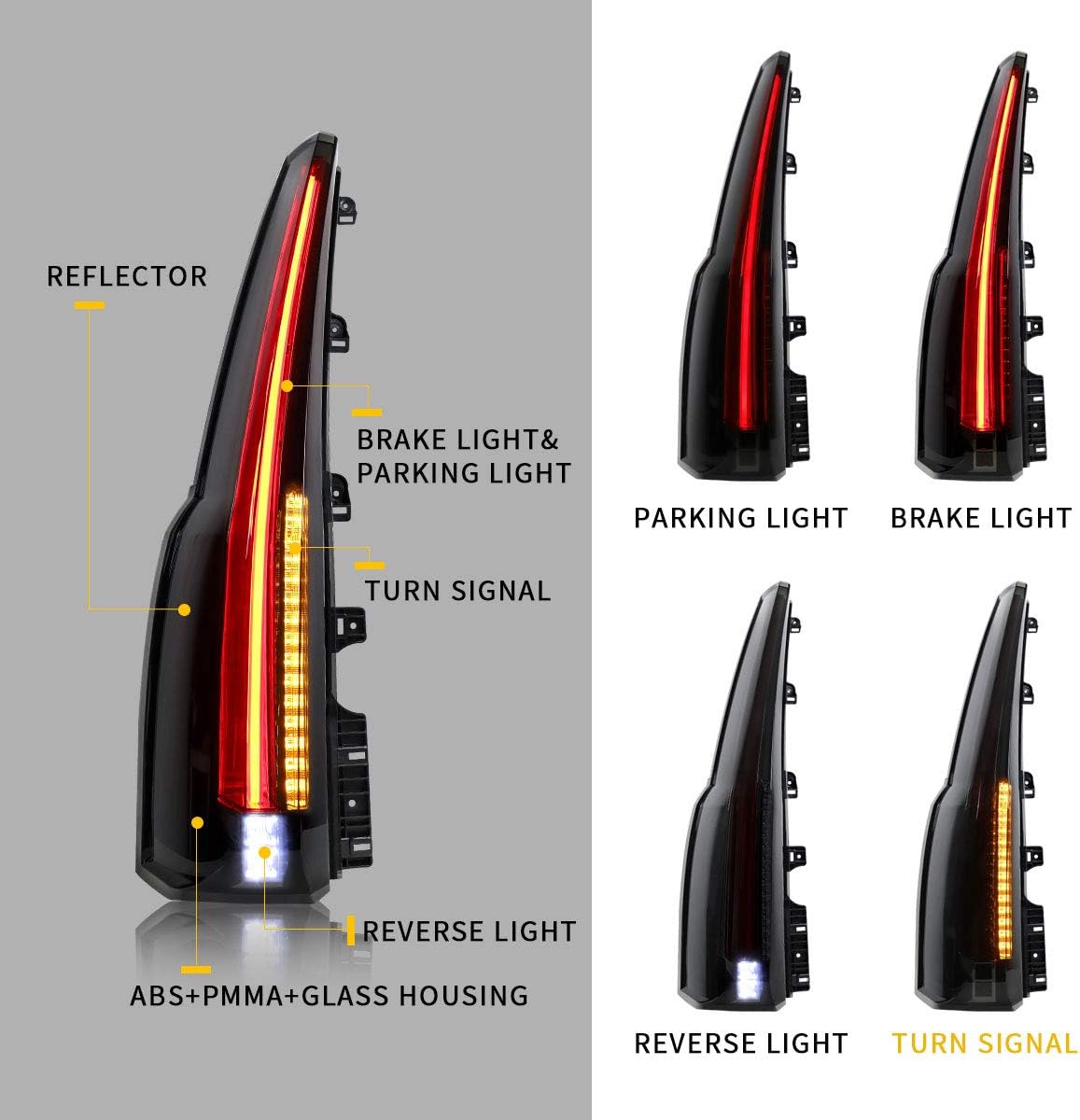 YUANZHENG Full LED Tail Lights Assembly for GMC Yukon 2015 2016 2017 2018 2019 2020, Plug & Play Rear Lamps with Amber Turn Signal, YAB-GMC-0268, Driver & Passenger Sides (Smoke)