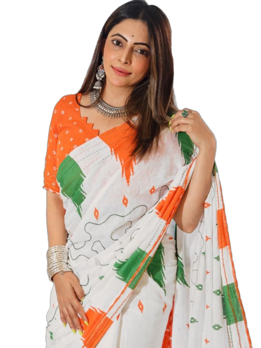 Traditional Tricolour Saree, White with Orange and Green Print, Unstitched Blouse Piece Included-image-20