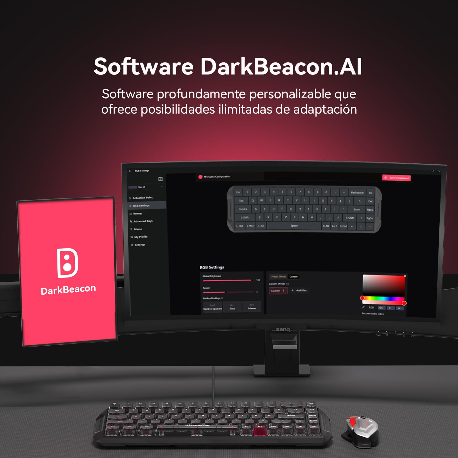 DarkBeacon Flux68 HE 8000Hz Teclado Gaming, 0,01 mm Rapid Trigger, Software con IA, Interruptores Magnéticos, Activación Ajustable, SOCD/DKS, Hot-Swap, RGB Teclado Magnético 65% con Cable, para PC/Mac