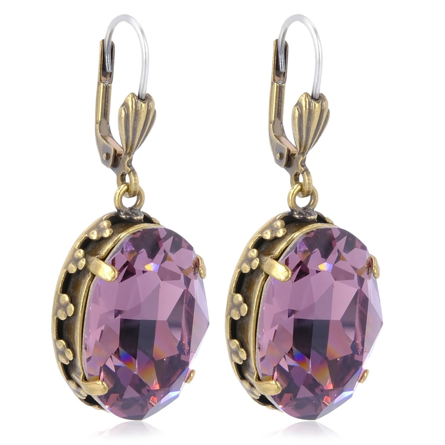 Jugendstil Ohrringe Gold Marken Kristalle Mauve Ohrhänger Ov