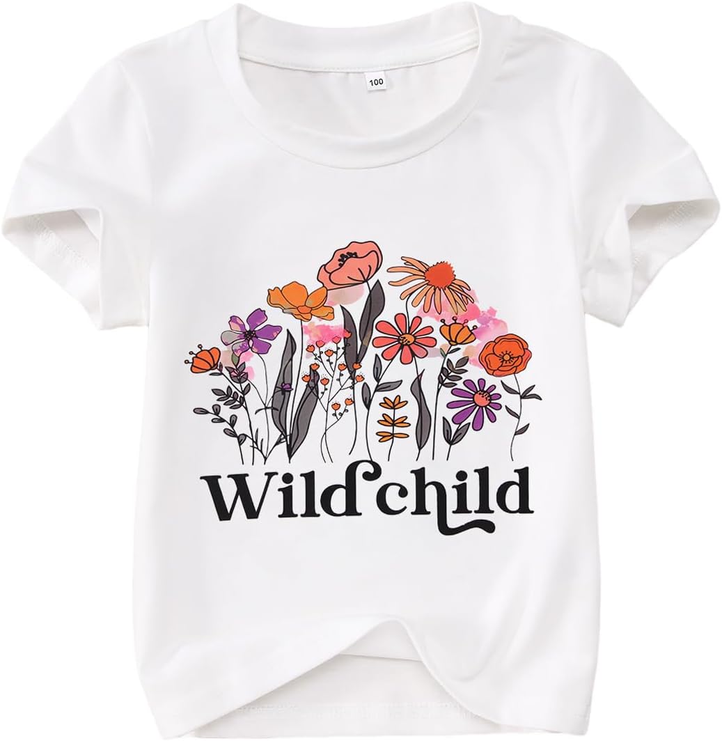 Toddler Baby Girls Flower Shirt Cute Wild Child Flower Short Sleeve T-Shirt Kids Wildflower Graphic Summer Tees Top