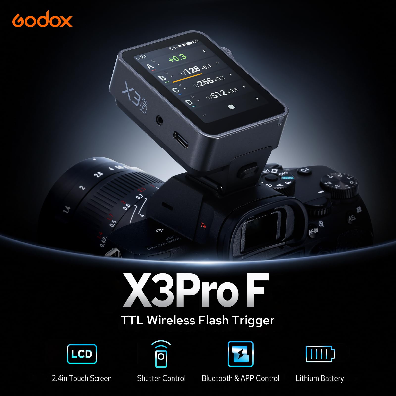 Godox X3Pro F TTL Wireless Blitzauslöser mit HSS Display für Fuji, TCM (Auto/Manuell/Mehrere Modi) Bluetooth Integration und APP Steuerung Wireless Speedlight Transmitter