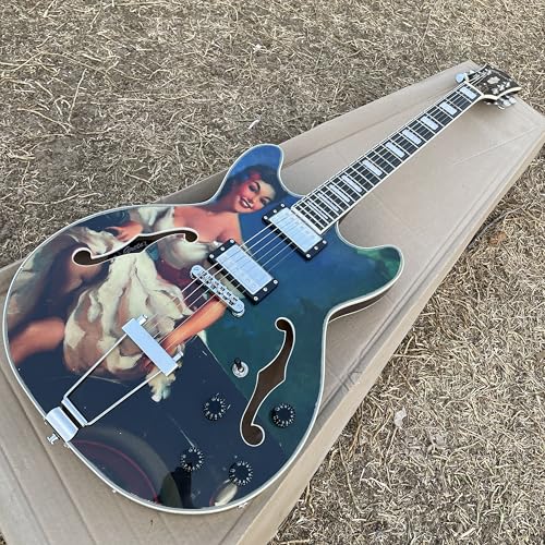 Vintage Style Semi-Hollow Electric Guitar, Custom Artwork Design, Double Cutaway Body, Blue