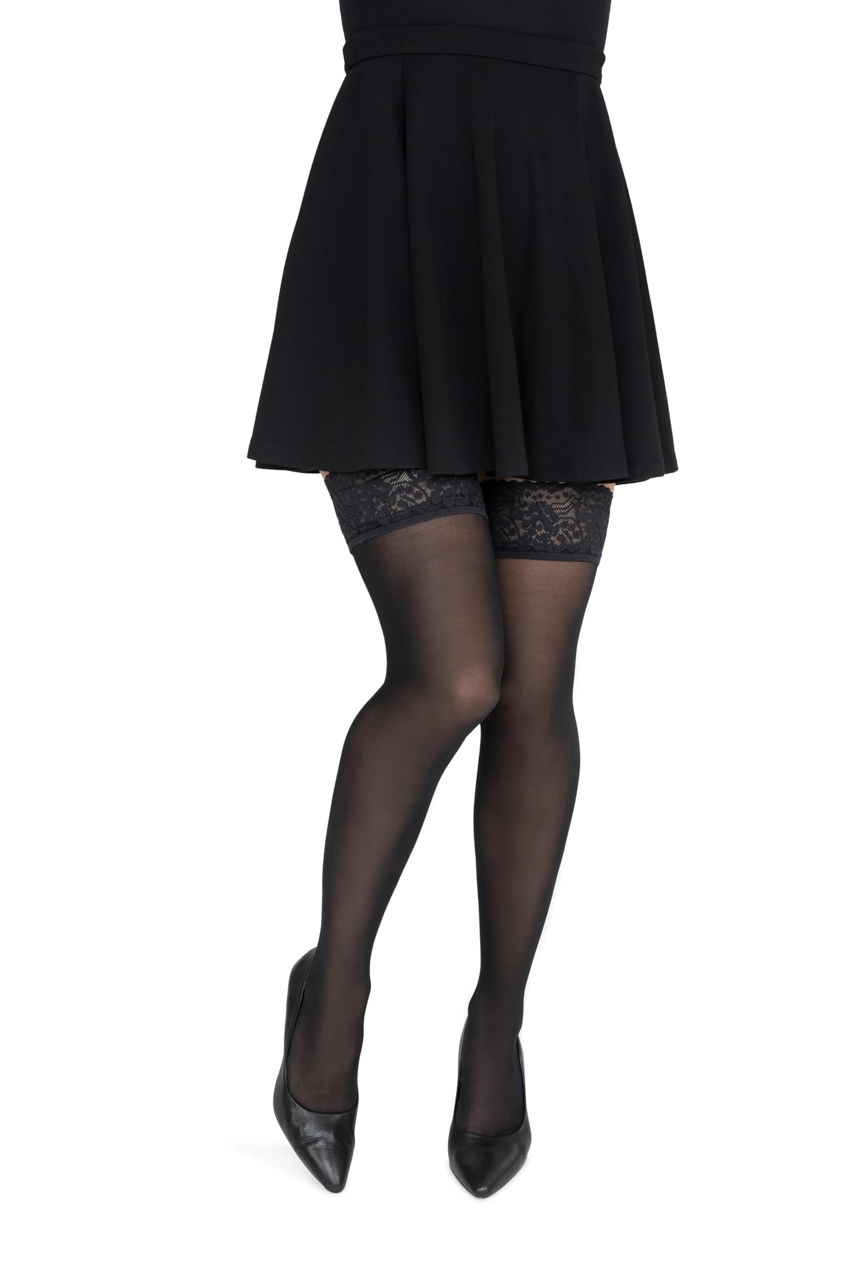 Lores Women's Black (Nero) Italian Black Hold-Up Stockings Lace Top 30 Den Semi-Sheer Thigh-Highs Invisible Silicone, Nero M/L