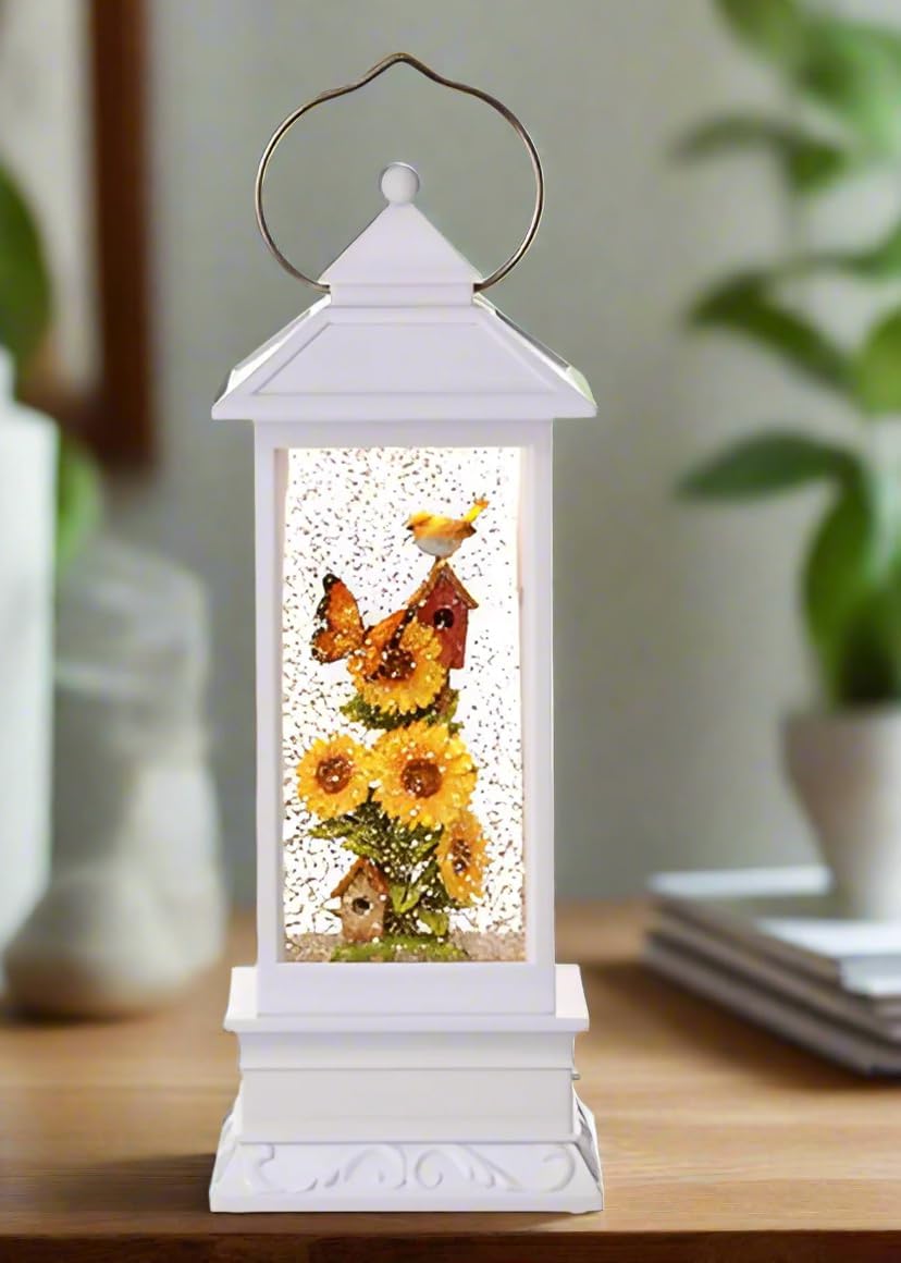Spring Decorative Candle Water Lantern with Sunflowers, Bird and Butterfly, Battery Operated with Timer or USB - 11'' Garden Scene Lighted Water Lantern with Bird, White and Yellow