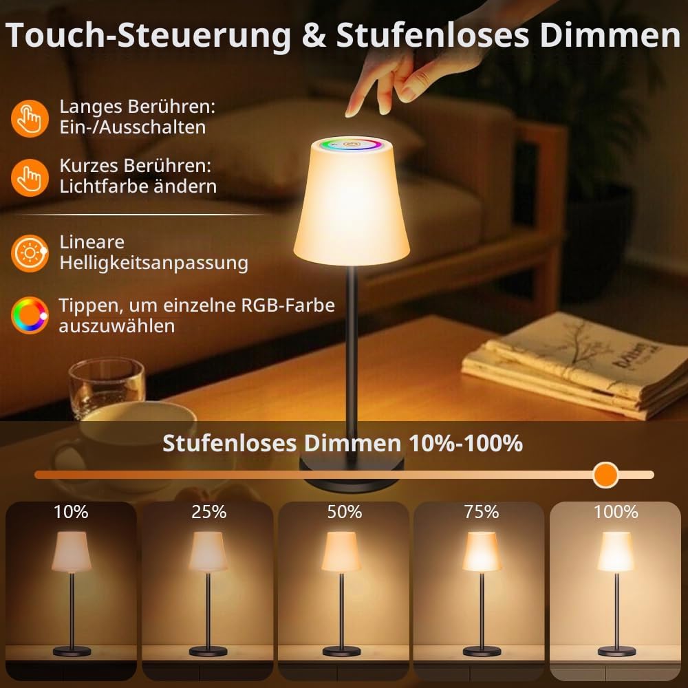 LED Tischlampe Kabellos 2 Stück Akku Tischleuchte Touch mit 3 Farbtemperaturen + RGB Stufenlos Dimmbar USB-C Aufladbar IP54 Wasserdicht für Schlafzimmer Outdoor Restaurant Indoor Balkon Bar