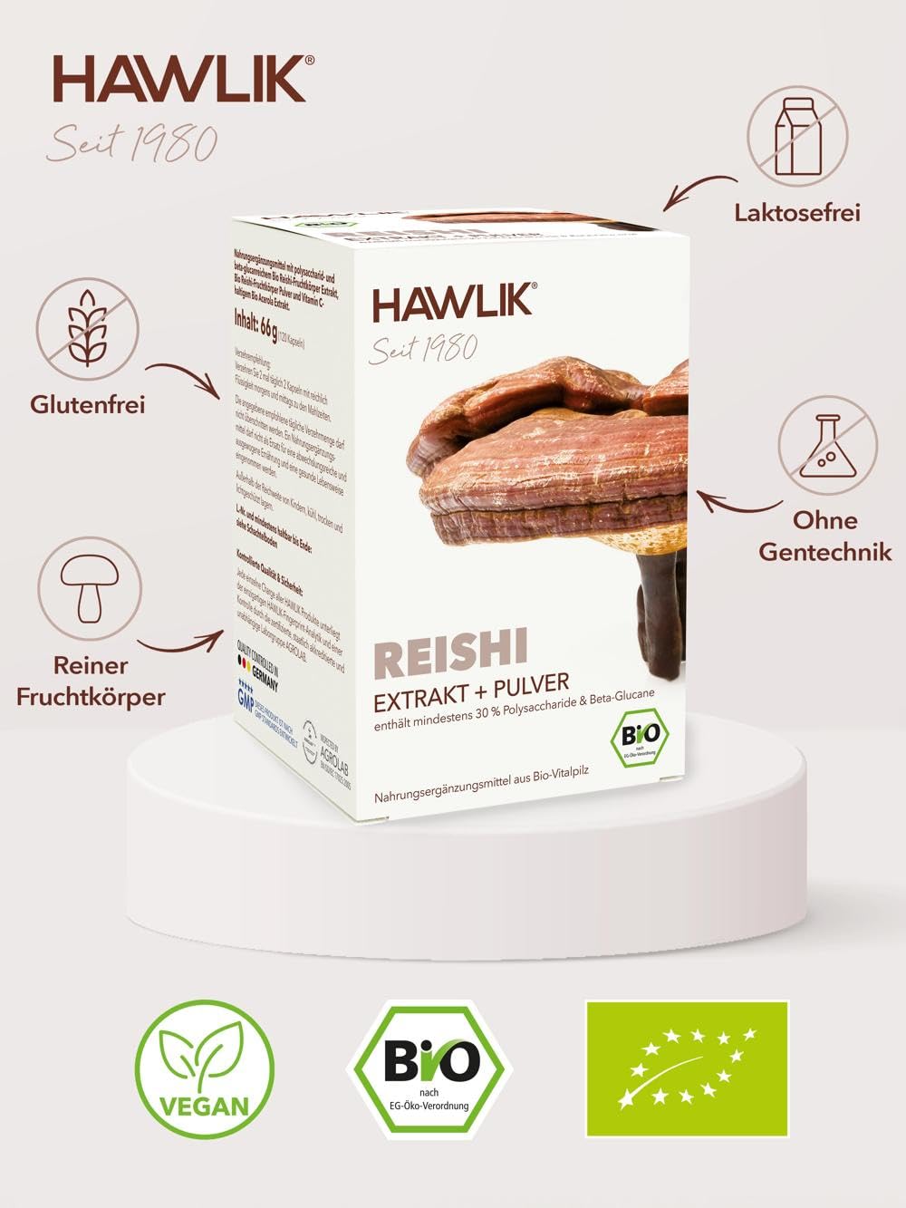 HAWLIK Bio Reishi Extrakt + Pulver Kapseln - 120 Kapseln im Blister - Mit Vitamin C - Kombination aus Extrakt & Pulver - Natürlicher Anbau - Vegan
