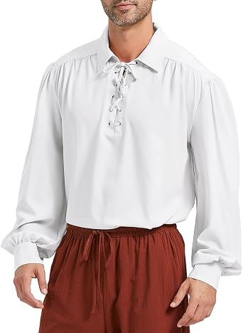 Mens Pirate Shirt Renaissance Faire Vampire Medieval Victorian Costume Lace Up Gothic Steampunk Halloween Cosplay Tops