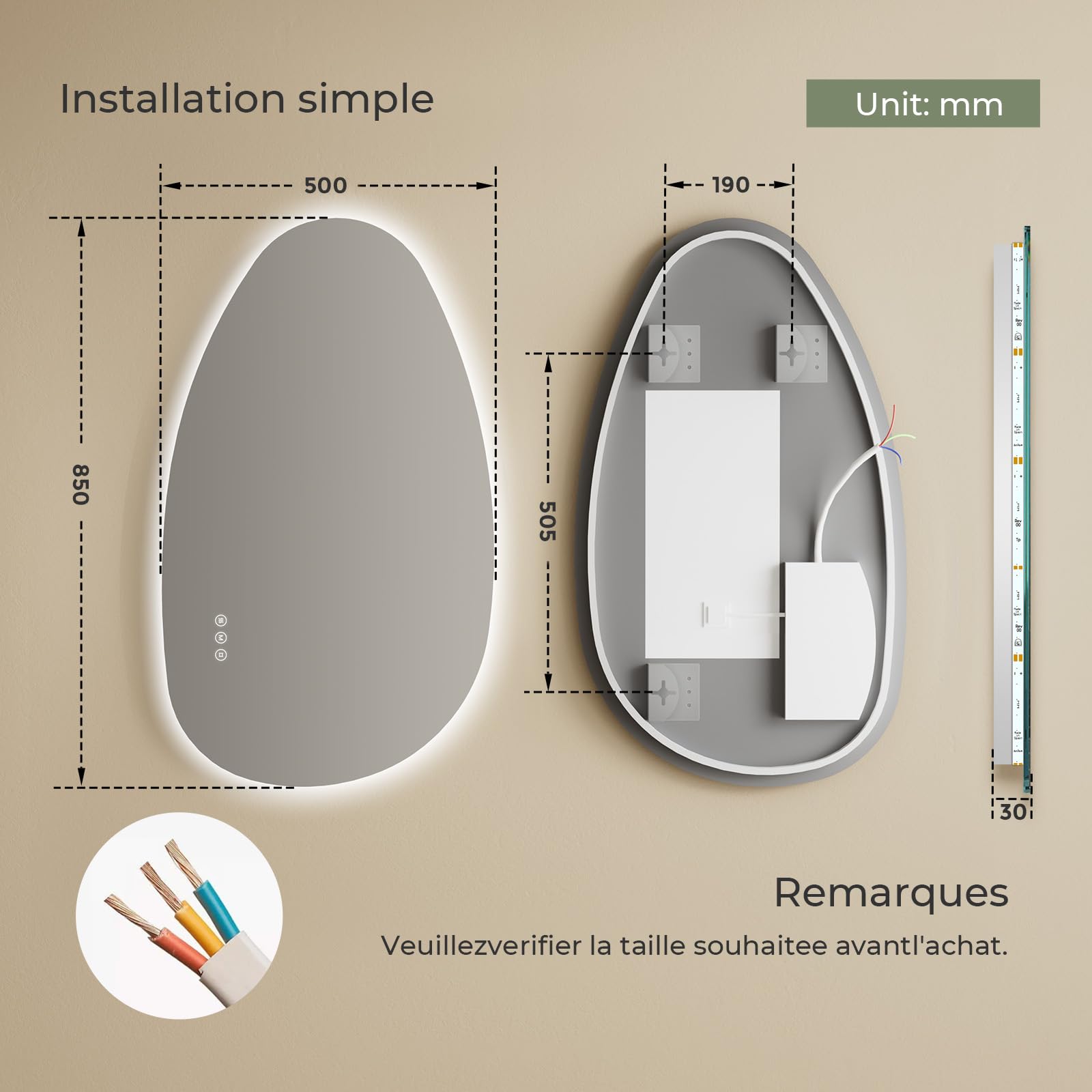 S'AFIELINA Miroir de Salle de Bain avec Éclairage 85×50×2,5 cm (H×L×P) Miroir Rond Asymétrique avec Interrupteur Tactile, Dimmable, 3 Couleurs de Lumière Réglables, Antibuée Miroir de Salle de Bain
