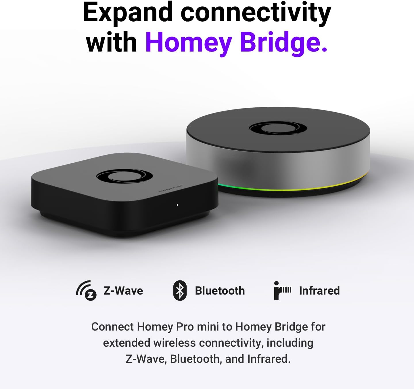 The Homey Pro mini next to a Homey Bridge, with icons for Z-Wave, Bluetooth, and Infrared connectivity.