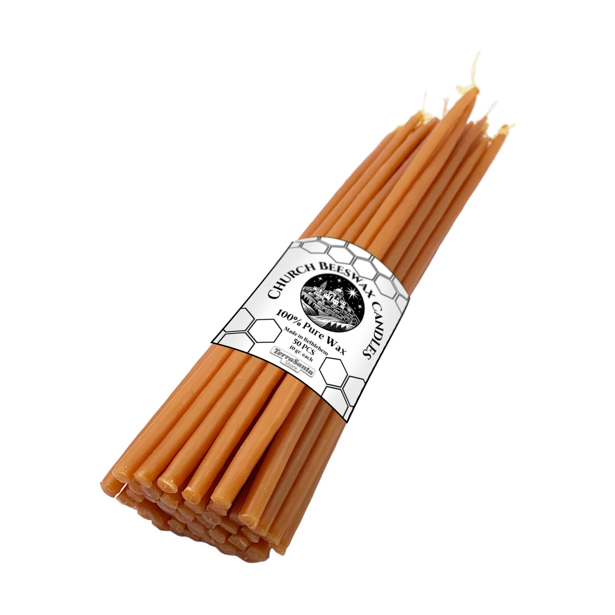 50pcs Pack of Holy Pure Beeswax Tall Thin Taper Candles Smoke-Less for Church Religious Devotional Prayer Vigil Altar Ritual Memorial Easter Kulich Home Decor from Holy Land Bethlehem 11