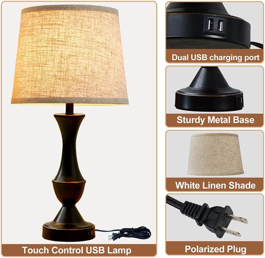 Luvkczc Lamps for Bedrooms Set of 2, Bedside Touch Lamp with Dual USB Charging Ports, 3 Way Dimmable Nightstand Lamps with Premium Linen Fabric Lampshade for Bedroom, Living Room (Bulb Included) - - 