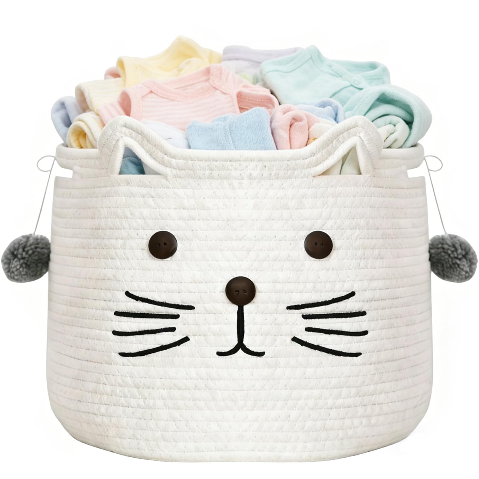 Toy Storage Baskets Woven Cotton Rope Storage Basket with Cute Cat Design, Baby Laundry Basket with Handle, Blanket Basket Living Room, Versatile Toys Organizer for Gifts Hamper, Bedroom, Playroom