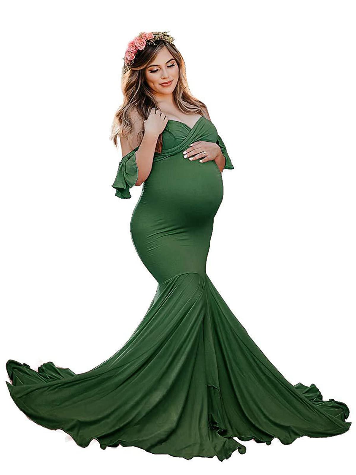 Damska sukienka z odsłoniętymi ramionami, syrenka, z falbanami, elegancka sukienka ciążowa, elegancka sukienka imprezowa, na sesję zdjęciową, baby shower
