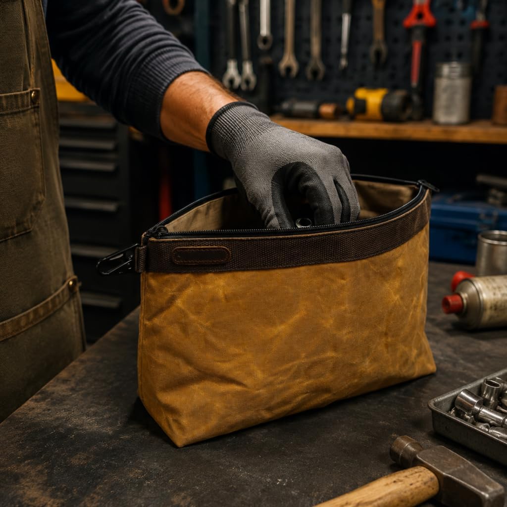 2-Pack Heavy Duty Waxed Canvas Tool Pouches,14 Inch Dual-Layered Zippered Tool Bags with Stable Flat Bottom & Anti-Scratch Lining, Waterproof Utility Storage Organizer Totes for Mechanics Electricians