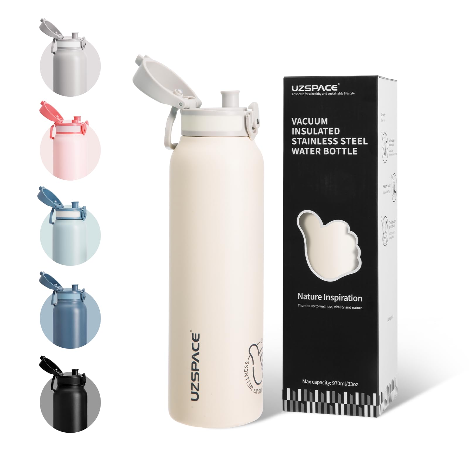 UZSPACE Stainless Steel Water Bottle 1l (970ml) - Double-Walled Insulated Water Bottles That Keep Drinks Cold & Hot - Leakproof Drinking Bottles for Adults - Ideal for Outdoors & Sports Frost White — image 1