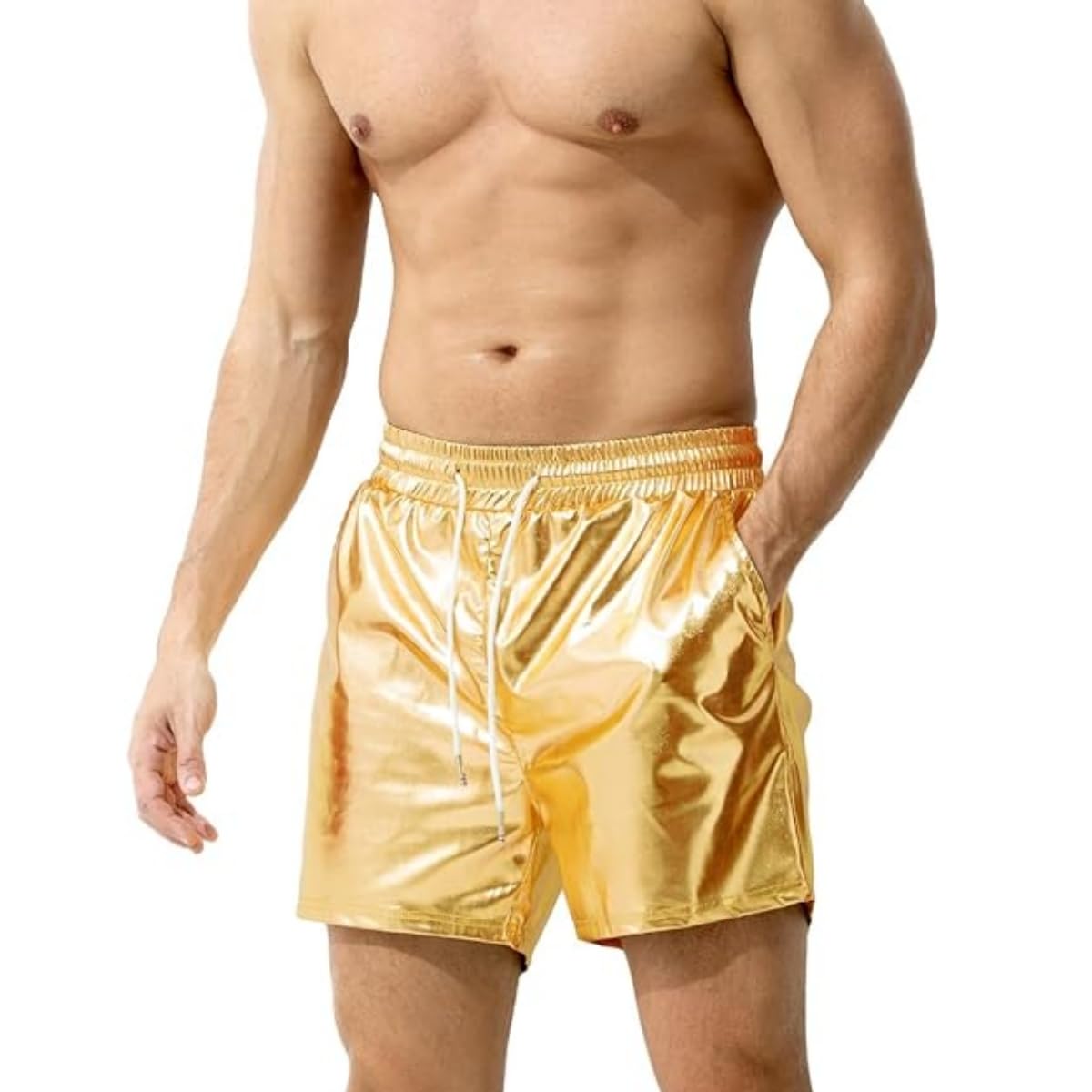 Samheng Men's Gold Metallic Shorts, Sexy Rave Hot Short With Side Pockets, Elastic Metallic Pu Leather Shorts For Clubwear, Sparkly Shorts For Dancewear Nightclub Rave Party, Loose Casual Shorts Pants