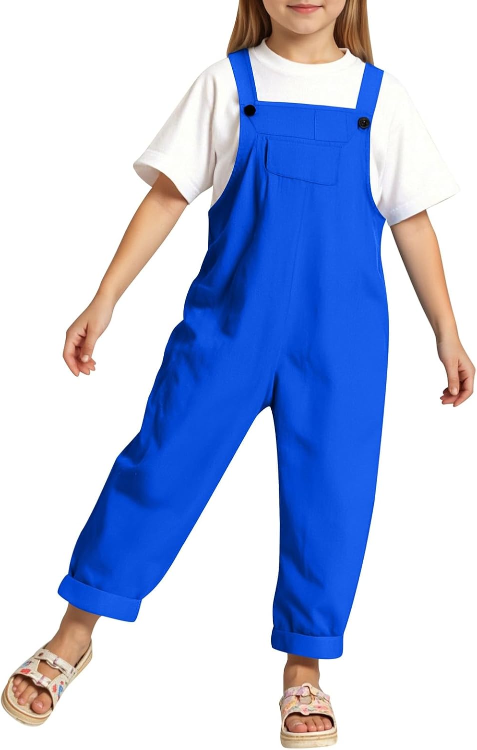 Girls Bib Overalls Summer Outfits Adjustable Strap Long Pants Casual Rompers Jumpsuits with Pockets 3-16 Years