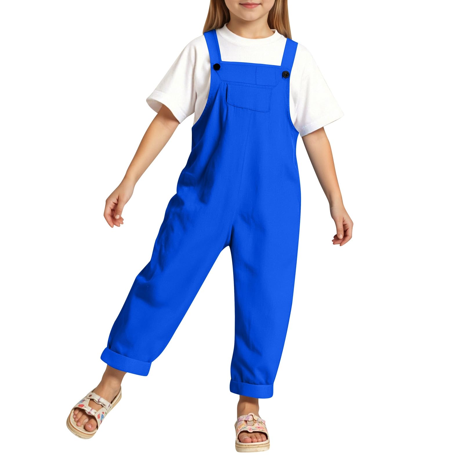 Generico Tuta da ragazza regolabile con spalline sottili, tutina ampia, in cotone, tinta unita, pantaloni lunghi salopette con tasche per età 5-12 anni