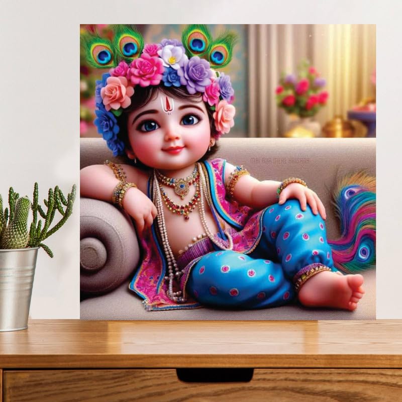Image of British Terminal Cute little Bal Gopal Baby God Krishna| Kanha Ji | Laddu Lord Makhan Chor Painting Religious Poster for Pregnant Women for wall (matt thin vinyl,sticker,multicolor,unframed)| bj378
