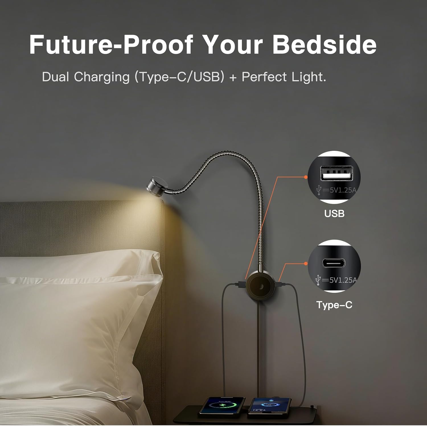 VST Bed Reading Lights for Headboard, Bedside Wall Mounted Reading Lamp, Reading Light Touch to Adjust Brightness with USB/Type-C Charging Ports, ETL-Listed