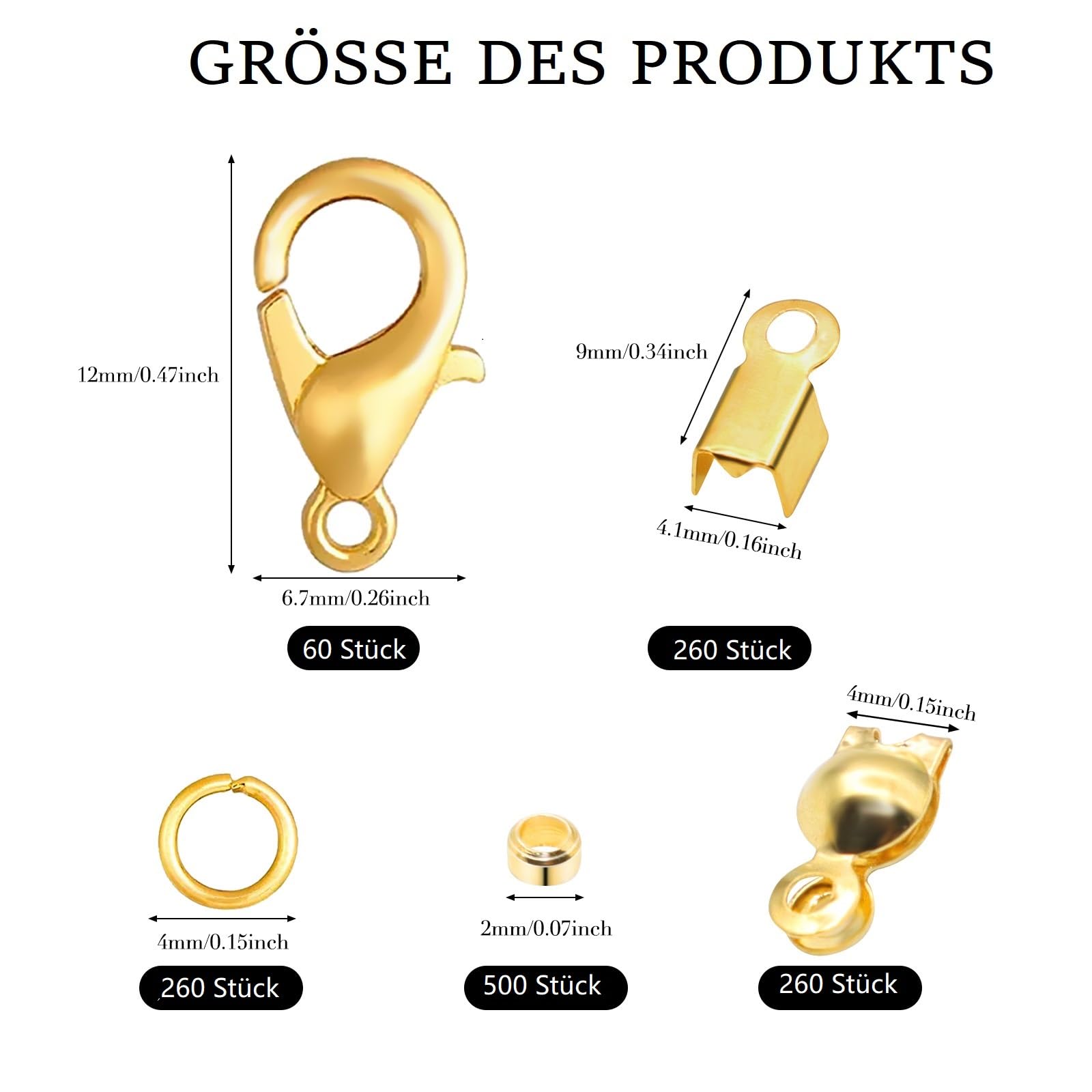 VEGCOO 1340 Pezzi Kit per Creazione Gioielli, Ganci per Braccialetti Ganci Chiusure Moschettone con Anellini Aperti, Portachiavi Clip Ganci per Bigiotteria Fai da Te Creazione Collane (Oro