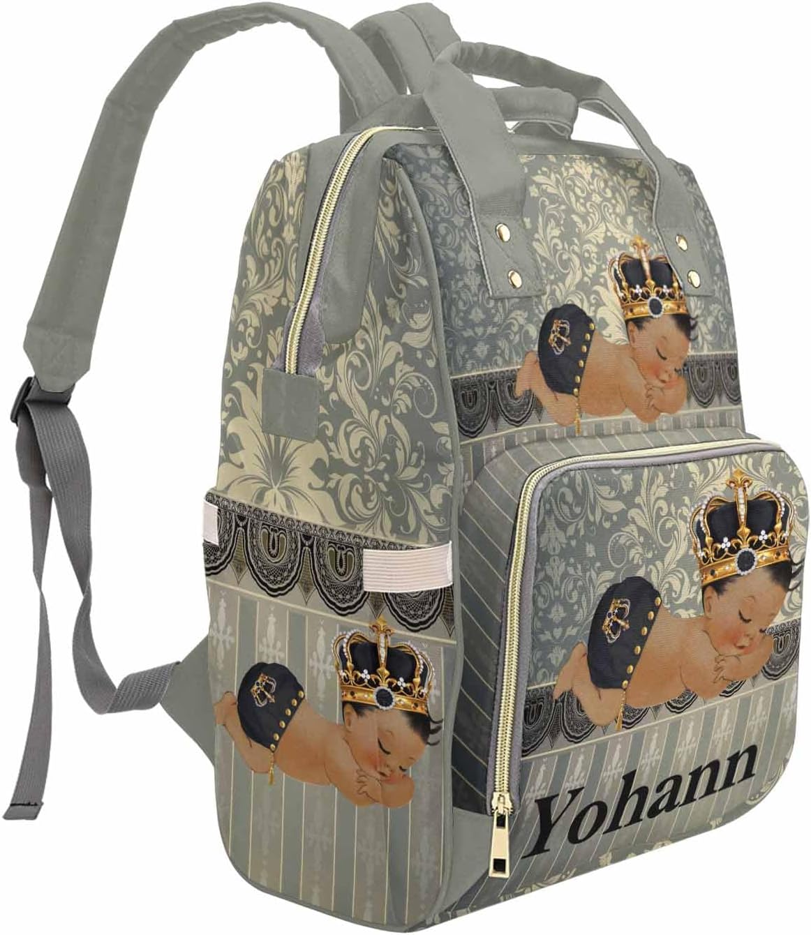 M YESCUSTOM Personalized Name Diaper Bag Backpack, Grey Crown Diaper Baby Bags for Mom & Dad, Portable Travel Back Pack Baby Shower Gifts, Multifunction Nappy Changing Bag