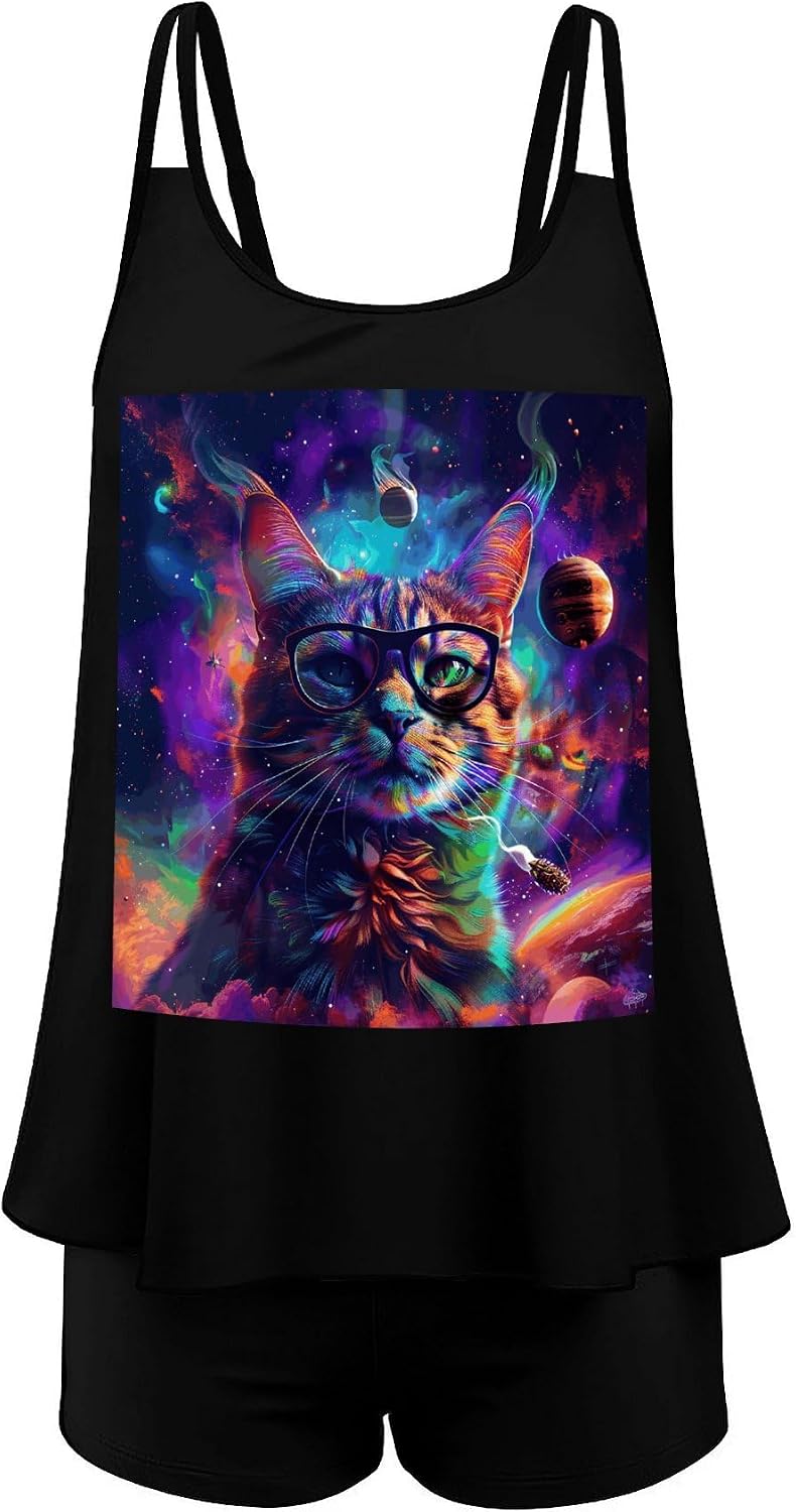 Cat Wearing Glasses Tankini Swimsuits for Women Tummy Control Two Piece Bathing Suits Swim Tops with Boy Shorts