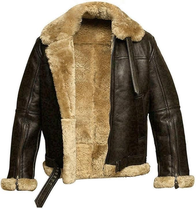 Men's RAF B3 Aviator Sheepskin Leather Jacket with Fur Collar & Adjustable Waist Belt – Mens Bomber Jacket3