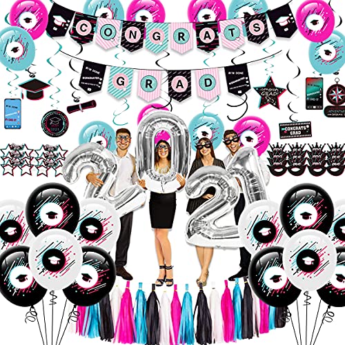 Graduation Decorations 2021 - Graduation Party Supplies 2021 Pack, Including a Banner, 12 Hanging Swirls, 20 Tissue Tassels, 12 Glasses, 24 Balloons, Huge 2021 Foil Balloons