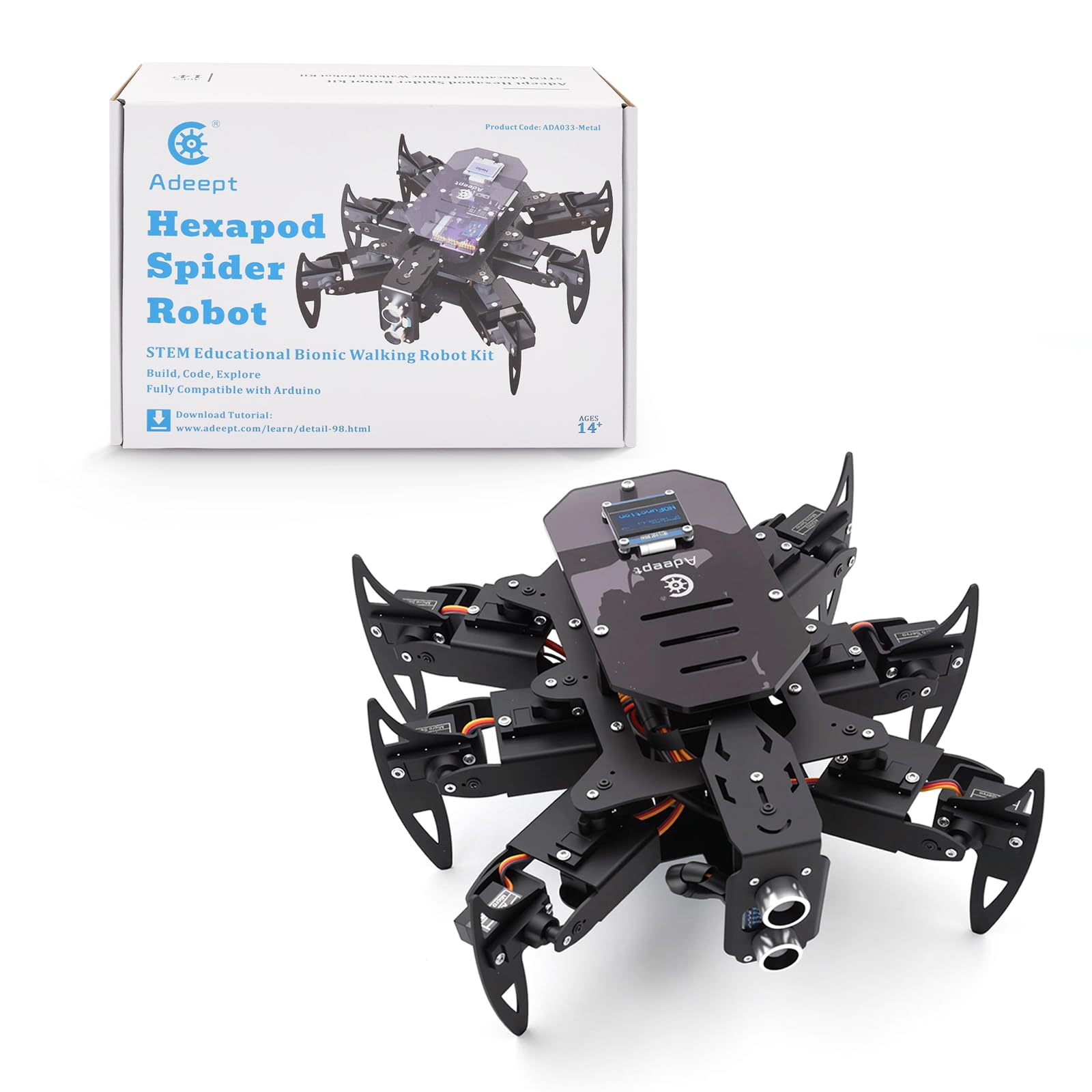 Adeept Hexapod Spider Robot Kit Compatible with Arduino, Spider Walking Crawling Robot, Programming Project STEAM Robotics Kit with OLED Display and Metal Body, PDF Manual