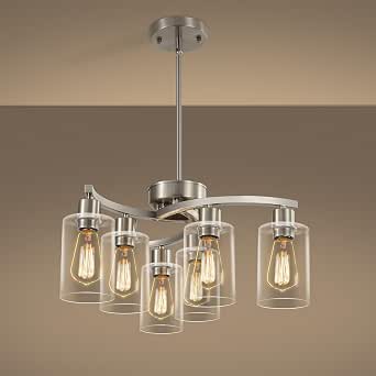 CNRATYE 6-Light Brushed Nickel Chandelier for Dining Room, Adjustable Height Hanging Industrial Pendant Lighting with Clear Glass Shade