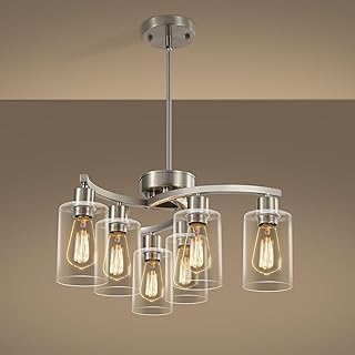 CNRATYE 6-Light Brushed Nickel Chandeliers for Dining Room Light Fixtures Over Table, Adjustable Height Hanging Industrial Pendant Lighting for Kitchen Island Bedroom, Clear Glass Shade