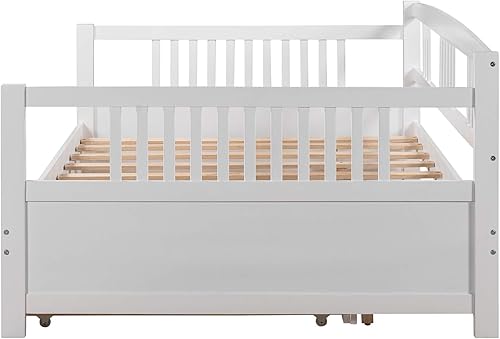 Miniatura 102 de Merax Sofá cama individual con listones de madera, soporte moderno sofá cama con rieles, tamaño individual, blanco marfil Marfil blanco,Espresso