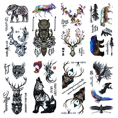 COKOHAPPY 8 Sheets Temporary Tattoo 27+ Different Designs for Men Women Arm Shoulder Flower, Eagle, Bear, Tiger, Owl, Wolf, Elephant, Deer